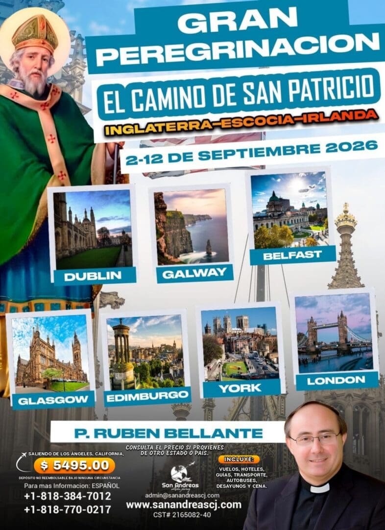 Pilgrimage tour poster with various city images.