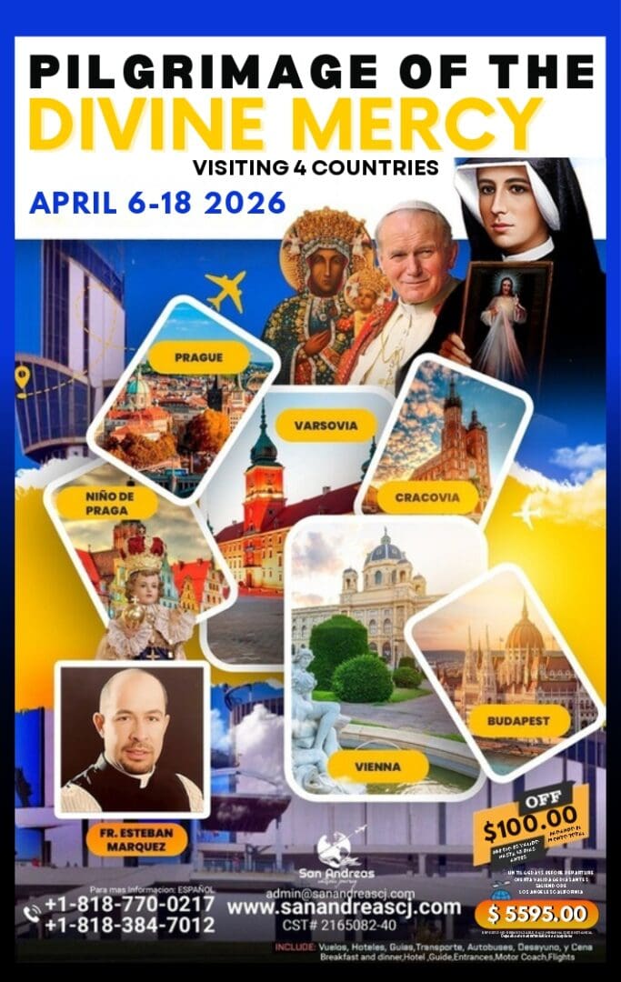 Pilgrimage poster with religious images and destinations.