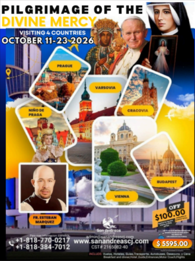 Colorful pilgrimage poster featuring European landmarks